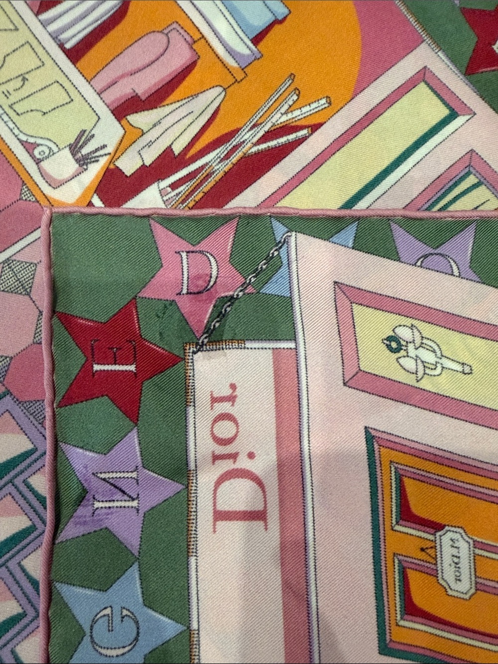 Dior Pink, Green and Yellow Illustrated Silk Scarf - Picture 7 of 9